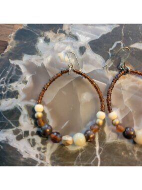 Boho Warm Brown Beaded Hoop Earrings